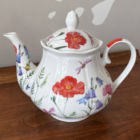 Kent Pottery Porcelain Teapot Floral Dragonflies Poppies Cottagecore SMALL FLAW - Picture 1 of 17